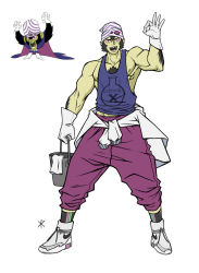 Rule 34 | 1boy, absurdres, apoloniodraws, arm hair, beanie, black hair, blue shirt, bucket, chest hair, clothes around waist, colored skin, green skin, hat, highres, humanization, jacket, jacket around waist, male focus, mojo jojo, muscular, muscular male, nike (company), ok sign, overalls, powerpuff girls, shirt, shoes, sneakers, socks, solo, stringer, tank top, tied sweater