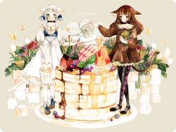Rule 34 | 2girls, animal ears, black hair, black pantyhose, blueberry, border, bouquet, bow, brown dress, brown eyes, bucket, bug, butterfly, buttons, cat ears, cat girl, cat tail, chocolate syrup, closed mouth, cube, dress, eko (ecology), english text, flower, food, frilled dress, frills, fruit, garden, green background, green eyes, hair bow, high heels, holding, holding bouquet, holding bucket, insect, lace, leaf, long hair, long sleeves, looking at viewer, maple syrup, multiple girls, open mouth, original, pancake, pantyhose, plant, plate, red flower, scissors, shoes, short sleeves, sidelocks, simple background, standing, strawberry, syrup, tail, watering can, whipped cream, white border, white dress, white hair, yellow butterfly, yellow flower