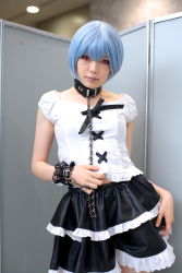 Rule 34 | 1girl, alternate costume, asian, ayanami rei, black skirt, blue hair, breasts, collar, color contacts, cosplay, cowboy shot, frilled skirt, frills, goth fashion, highres, indoors, lace, leash, looking at viewer, makeup, mascara, miniskirt, namada, neon genesis evangelion, photo (medium), red eyes, short hair, skirt, small breasts, solo, standing, thighhighs, zettai ryouiki