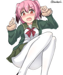 Rule 34 | 10s, 1girl, absurdres, brown eyes, colored tips, fur trim, green jacket, green skirt, hair between eyes, highres, jacket, kantai collection, kiritto, kunashiri (kancolle), long sleeves, multicolored hair, open mouth, pantyhose, pink hair, pleated skirt, red ribbon, ribbon, short hair, simple background, skirt, solo, twitter username, two side up, white background, white pantyhose