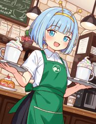 1girl apron barista black_skirt blonde_hair blue_eyes blue_hair buttons cafe cake chalkboard coffee_bag coffee_maker coffee_mug collared_shirt commentary commission cup disposable_cup dutch_angle english_commentary fangs food green_apron hairband highres holding holding_tray indoors jelly_hoshiumi looking_at_viewer mug multicolored_hair onyhakase open_mouth phase_connect plant potted_plant second-party_source shirt short_hair short_sleeves skeb_commission skirt smile solo sprinkles standing star_(symbol) star_in_eye streaked_hair symbol_in_eye tray virtual_youtuber whipped_cream white_shirt