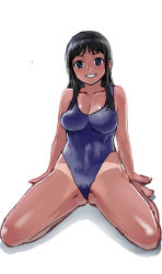 Rule 34 | 1girl, bad id, bad pixiv id, barefoot, bikini tan, black hair, blue eyes, breasts, covered erect nipples, grin, kneeling, large breasts, long hair, looking at viewer, one-piece swimsuit, original, sasaki toshiyuki, simple background, sitting, smile, solo, spread legs, swimsuit, tan, tanline, wariza, white background