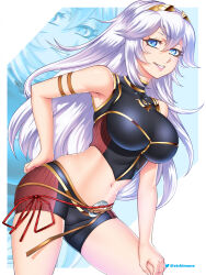 Rule 34 | 1girl, alternate breast size, alternate hair color, armlet, bare shoulders, bikini, black bikini, blue eyes, brand of the exalt, breasts, commentary, commission, english commentary, etchimune, fire emblem, fire emblem awakening, fire emblem cipher, hair between eyes, hand on own hip, hand on own knee, leaning forward, long hair, looking at viewer, lucina (fire emblem), medium breasts, navel, nintendo, official alternate costume, open mouth, simple background, smile, solo, stomach, swimsuit, thighs, tiara