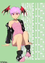 Rule 34 | 1girl, absurdres, bat wings, boots, cosplay, creatures (company), dress, game freak, head wings, high heel boots, high heels, highres, jacket, l4wless, lilith aensland, marnie (pokemon), marnie (pokemon) (cosplay), nintendo, pink dress, pink hair, pokemon, pokemon swsh, red eyes, short hair, vampire (game), wings