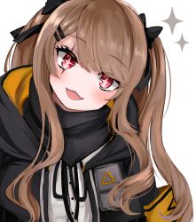 Rule 34 | 1girl, blush, brown hair, girls&#039; frontline, hair ribbon, head tilt, kairi630, long hair, looking at viewer, open mouth, red eyes, ribbon, scar, scar across eye, scar on face, simple background, solo, sparkle, twintails, two side up, ump9 (girls&#039; frontline), upper body, white background