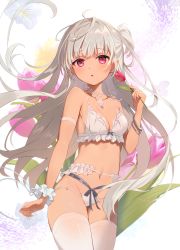 Rule 34 | 1girl, absurdres, bare shoulders, blush, bra, bracelet, breasts, earrings, floral background, flower, hand up, highres, holding, jewelry, long hair, looking at viewer, medium breasts, navel, necklace, omelet tomato, original, panties, pointy ears, purple eyes, scan, shiny skin, simple background, solo, stomach, thighhighs, thighs, underwear, white hair, wrist cuffs