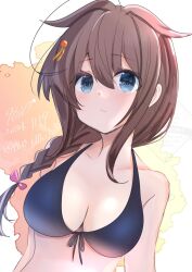 1girl 9610_(kuroto) alternate_costume artist_name bikini black_bikini black_hair blue_eyes braid breasts dated front-tie_bikini_top front-tie_top hair_flaps hair_over_shoulder highres kantai_collection large_breasts long_hair looking_at_viewer shigure_(kancolle) shigure_kai_san_(kancolle) single_braid solo swimsuit twitter_username upper_body