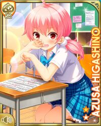Rule 34 | 1girl, blue bow, blue skirt, bow, card (medium), character name, classroom, collar, day, girlfriend (kari), hiding face, higashino azusa, indoors, looking at viewer, official art, open mouth, pink eyes, pink hair, plaid, plaid skirt, qp:flapper, school uniform, shirt, shy, sitting, skirt, solo, tagme, twintails, white shirt
