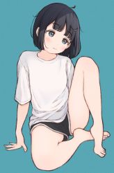 Rule 34 | 1girl, 1ssakawaguchi, 3:, absurdres, ahoge, arm support, bare legs, barefoot, black hair, black shorts, blue background, blue eyes, blunt bangs, blunt ends, blush, bob cut, closed mouth, collarbone, dot nose, film grain, full body, head tilt, heel up, highres, knee up, legs, looking away, on ground, original, shirt, short hair, short shorts, short sleeves, shorts, simple background, sitting, solo, split mouth, straight hair, t-shirt, tareme, thighs, tiptoes, toes, white shirt