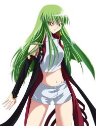 Rule 34 | 00s, c.c., code geass, detached sleeves, green hair, midriff, shorts, solo, tank top, yellow eyes