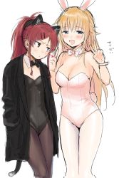 Rule 34 | 10s, 2girls, animal ears, arrow (symbol), bare shoulders, black legwear, blonde hair, blue eyes, blush, bow, bowtie, breast envy, breasts, brown hair, cat ears, cat tail, catsuit, chigusa asuha, cleavage, cloak, detached collar, double v, fake animal ears, hair ornament, hairclip, hand in pocket, kittysuit, leotard, long hair, looking at breasts, medium breasts, multiple girls, nontraditional playboy bunny, open mouth, pantyhose, playboy bunny, ponytail, qualidea code, rabbit ears, rabbit tail, sekiya asami, short hair, sidelocks, sketch, small breasts, smile, tail, utara canaria, v, white legwear, wrist cuffs