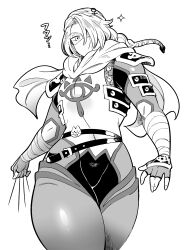 Rule 34 | 1girl, adapted costume, armor, braid, braided ponytail, cowboy shot, doboshiru, fingerless gloves, gloves, greyscale, hair over one eye, looking at viewer, looking down, monochrome, needle, nintendo, sheik, solo, sparkle, the legend of zelda, the legend of zelda: breath of the wild, the legend of zelda: ocarina of time, turban, white background, wide hips
