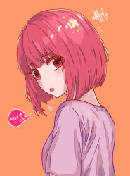 Rule 34 | 1girl, arima kana, blush, bob cut, commentary request, english text, heart, highres, inverted bob, looking at viewer, looking to the side, medium hair, open mouth, orange background, oshi no ko, purple shirt, red eyes, red hair, redapplicot, shirt, simple background, solo, speech bubble, spoken heart, sweat, upper body