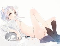 Rule 34 | 1girl, animal, bed sheet, candy, cat, character request, copyright request, digital media player, earbuds, earphones, flat chest, food, food in mouth, green eyes, hair ornament, hairclip, hand on own head, legs up, lollipop, lying, no bra, on back, open clothes, panties, shirt, silver hair, simple background, skirt, unworn skirt, sock dangle, solo, swirl lollipop, tecoyuke, underwear
