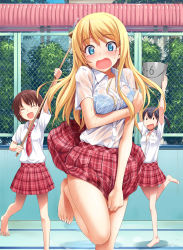Rule 34 | 3girls, barefoot, blonde hair, blush, bra, breasts, brush, bucket, cleaning brush, closed eyes, dress shirt, embarrassed, empty pool, feet, leg up, lingerie, medium breasts, multiple girls, open mouth, plaid, plaid skirt, pool, school uniform, see-through, shirt, skirt, skirt flip, skirt tug, source request, takayaki, tears, toes, underwear, water, wet, wet clothes