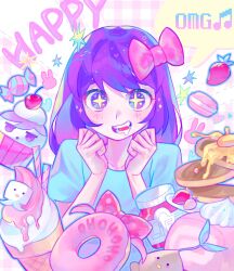 Rule 34 | + +, 1girl, aubrey (omori), blue shirt, bow, cake, cake slice, candy, clenched hands, cupcake, doughnut, drooling, food, fruit, hair bow, hashtag-only commentary, highres, ice cream cone, iro (mywife sunny), jar, light blush, long hair, macaron, omori, open mouth, pale skin, pancake, pancake stack, pink background, pink bow, plaid, plaid background, purple eyes, purple hair, shirt, solo, sparkle, sprout mole, strawberry