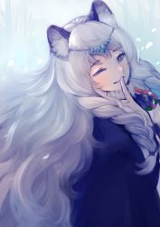 Rule 34 | 1girl, absurdres, animal ears, arknights, black cape, braid, cape, commentary, finger to mouth, from side, grey eyes, grey hair, hand up, highres, index finger raised, jewelry, leopard ears, long hair, looking at viewer, necklace, nnicoinu, one eye closed, pramanix (arknights), side braids, simple background, solo, tiara