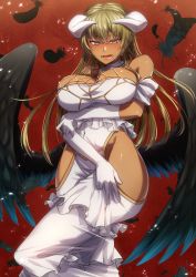 Rule 34 | 1girl, absurdres, albedo (overlord), albedo (overlord) (cosplay), bare shoulders, blonde hair, blush, breasts, cluseller, commission, commissioner upload, cosplay, dark-skinned female, dark skin, dress, female focus, fire emblem, fire emblem: the binding blade, gloves, hara yumi, highres, hip vent, huge filesize, igrene (fire emblem), large breasts, long hair, looking at viewer, nintendo, open mouth, voice actor connection, simple background, skeb commission, solo, wings, yellow eyes