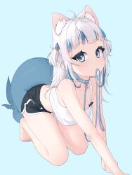 Rule 34 | 1girl, absurdres, ahoge, all fours, animal collar, animal ear fluff, animal ears, barefoot, bell, belt collar, black shorts, blue eyes, blue hair, blue nails, blunt bangs, blush, cat ears, collar, dolphin shorts, fins, fish tail, gawr gura, grey hair, hair ornament, highres, hololive, hololive english, jingle bell, leash, long hair, looking at viewer, lucasyecla99, mouth hold, multicolored hair, neck bell, shark hair ornament, shark tail, shorts, solo, streaked hair, tail, tank top, two side up, virtual youtuber, white tank top