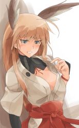Rule 34 | 1girl, ahoge, alternate costume, blonde hair, blue eyes, blush, breasts, cleavage, hakama, hakama skirt, hanna-justina marseille, head wings, highres, japanese clothes, long hair, medium breasts, omuretsu daihyakka, skirt, solo, strike witches, wings, witches of africa, world witches series