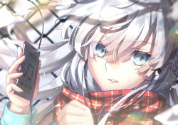 Rule 34 | 1girl, anastasia (fate), bad id, bad pixiv id, beamed sixteenth notes, blue eyes, blurry, blurry background, blurry foreground, cellphone, chain-link fence, commentary request, depth of field, fate/grand order, fate (series), fence, floating hair, hair between eyes, hands up, highres, holding, holding phone, long hair, long sleeves, looking at viewer, mishiro (ixtlolton), musical note, parted lips, phone, plaid, plaid scarf, red scarf, scarf, silver hair, solo, teeth, upper body, upper teeth only