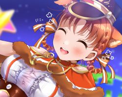 Rule 34 | 1girl, animal ears, artist name, artist request, blush, bow, breasts, collar, dress, closed eyes, female focus, frilled dress, frills, fur-trimmed skirt, fur-trimmed sleeves, fur trim, gloves, hair bow, highres, looking at viewer, love live!, love live! school idol festival, love live! sunshine!!, medium breasts, night, night sky, orange bow, orange hair, outdoors, panda copt, parted lips, pink bow, red collar, short hair, shoulder pads, skirt, sky, smile, solo, star (sky), takami chika, twintails