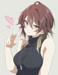 Rule 34 | 1girl, aketa mikoto, black shirt, breasts, brown eyes, brown hair, closed mouth, earrings, eitopondo, gradient hair, green hair, grey background, hair between eyes, hand up, heart, highres, idolmaster, idolmaster shiny colors, jewelry, looking at viewer, medium breasts, medium hair, multicolored hair, necklace, shirt, simple background, sleeveless, sleeveless shirt, solo, turtleneck, v