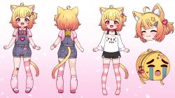 1girl absurdres animal_ear_fluff animal_ears backpack bag bandaid bandaid_on_knee bandaid_on_leg bittycat_(vtuber) black_shorts blonde_hair cat_ears cat_girl cat_tail closed_eyes collar commission crying_emoji emoji full_body hair_ornament hairclip highres indie_virtual_youtuber kaze_(2kaze5) kneehighs multiple_views no_shoes one_side_up open_mouth overall_shorts overalls pink_shirt pink_socks pink_thighhighs red_eyes shirt shoes short_hair short_sleeves shorts single_thighhigh smile socks sticky_note striped_clothes striped_thighhighs tail thighhighs turnaround virtual_youtuber white_footwear white_shirt wristband