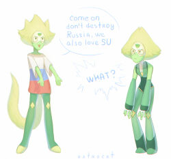 Rule 34 | 2girls, animification, artist name, astrocatsama, clone, closed mouth, colored skin, commentary, english commentary, english text, flag print, forehead jewel, frown, full body, furrowed brow, gem, green footwear, green gemstone, green hair, green leotard, green skin, highres, leotard, multiple girls, open mouth, peridot (steven universe), russian flag, shirt, short hair, short sleeves, simple background, smile, speech bubble, steven universe, t-shirt, tail, white background, white sleeves