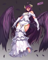 Rule 34 | 1girl, :d, ahoge, albedo (overlord), artist name, bad id, bad twitter id, barefoot, black wings, breasts, dress, gloves, gradient background, hip vent, horns, jjune, long hair, looking at viewer, open mouth, overlord (maruyama), purple hair, smile, solo, very long hair, white dress, white gloves, wings, yellow eyes
