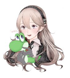 Rule 34 | 1girl, blue eyes, blush, brown hair, corrin (female) (fire emblem), corrin (fire emblem), fire emblem, fire emblem fates, hair between eyes, hairband, highres, holding, long hair, mario (series), nintendo, open mouth, pointy ears, portrait, roroichi, simple background, smile, super smash bros., translation request, white background, yoshi