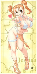 Rule 34 | 1girl, alternate costume, breasts, dancer&#039;s costume (dq), dragon quest, dragon quest viii, hand on own hip, heart, high heels, hip focus, huge breasts, jessica albert, kenix, leaning forward, map, one eye closed, orange eyes, orange hair, pelvic curtain, plump, sandals, shoes, signature, solo, square enix, twintails, wide hips, wink