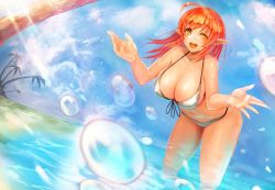Rule 34 | 1girl, ahoge, beach, bikini, breasts, bubble, cleavage, front-tie top, hanging breasts, large breasts, leaning forward, long hair, one eye closed, open mouth, orange eyes, orange hair, original, outdoors, outstretched arms, palm tree, pointy ears, side-tie bikini bottom, smile, solo, swimsuit, tree, wading, water, water drop, white bikini, wink, yaoya musuko