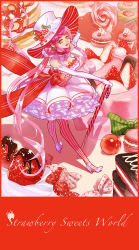 Rule 34 | 1girl, awa suna, bad id, bad pixiv id, bow, cakes, candy, candy cane, cleavage cutout, clothing cutout, food, fruit, hat, high heels, highres, original, oversized food, oversized object, pantyhose, pink hair, red eyes, solo, strawberry, striped clothes, striped legwear, striped pantyhose, sweets, top hat, vertical-striped clothes, vertical-striped legwear, vertical-striped pantyhose