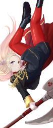 Rule 34 | 1girl, absurdres, ascot, ass, blonde hair, blue eyes, cape, edelgard von hresvelg, fire emblem, fire emblem: three houses, gloves, hair ornament, hair ribbon, highres, ippers, long hair, looking at viewer, nintendo, pantyhose, red pantyhose, ribbon, school uniform, simple background, solo, uniform, white background
