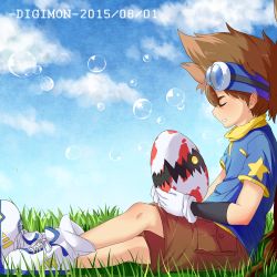 Rule 34 | 10s, 1boy, blue sky, botamon, brown hair, bubble, cargo shorts, cloud, copyright name, crossed legs, dated, day, digimon, digimon (creature), digimon adventure, digitama, egg, from side, gloves, goggles, goggles on head, grass, highres, outdoors, serika sakamoto, shoes, shorts, sitting, sky, sleeping, sneakers, white gloves, yagami taichi