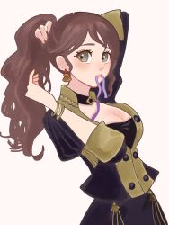 Rule 34 | 1girl, alternate hairstyle, bracelet, breasts, brown hair, buttons, chimney (chimney0311), cleavage, commentary request, dorothea arnault, earrings, fire emblem, fire emblem: three houses, garreg mach monastery uniform, green eyes, hair ribbon, highres, jewelry, medium breasts, mouth hold, nintendo, ponytail, ribbon, ribbon in mouth, school uniform, simple background, solo, tying hair, white background