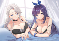 Rule 34 | 2girls, a-soul, bad id, bad pixiv id, bella (a-soul), blue eyes, bracelet, breasts, choker, cleavage, eileen (a-soul), hair ribbon, highres, jewelry, large breasts, looking at viewer, lying, multiple girls, on stomach, purple eyes, purple hair, ribbon, smile, spaghetti strap, tank top, upper body, virtual youtuber, white hair, xiaoxiao de kuangsan