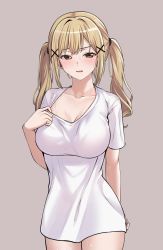 Rule 34 | 1girl, arm behind back, bang dream!, blonde hair, blush, breasts, brown eyes, cleavage, collarbone, commentary request, cowboy shot, grey background, hair ornament, hand up, highres, ichigaya arisa, large breasts, long hair, looking at viewer, parted lips, ptal, raised eyebrow, shirt, short sleeves, simple background, solo, standing, sweat, twintails, white shirt, x hair ornament