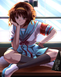 Rule 34 | 1girl, armband, bad id, bad pixiv id, black socks, blue skirt, boots, bow, brown eyes, brown hair, commentary request, desk, hairband, hand on own hip, highres, kita high school uniform, looking at viewer, on desk, orange hairband, red bow, red ribbon, ribbon, school uniform, serafuku, short hair, sitting, on desk, skirt, smile, socks, solo, suzumiya haruhi, suzumiya haruhi no yuuutsu, translation request, w-moz9-w, window