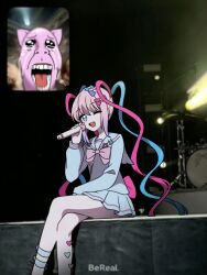 Rule 34 | 1girl, black eyes, blonde hair, blue bow, blue eyes, blue hair, blue serafuku, blue shirt, blue skirt, bow, chouzetsusaikawa tenshi-chan, colored skin, crying, crying with eyes open, drum, drum set, fan screaming at madison beer (meme), full body, hair bow, hair ornament, hand up, heart, heart hair ornament, holding, holding microphone, instrument, long hair, long sleeves, looking at viewer, meme, microphone, morpho95, multicolored hair, multiple hair bows, needy girl overdose, one eye closed, open mouth, photo background, pien cat (needy girl overdose), pink bow, pink hair, pink skin, pleated skirt, purple bow, quad tails, sailor collar, school uniform, screaming, serafuku, shirt, sitting, skirt, smile, stage, tears, teeth, very long hair, yellow bow