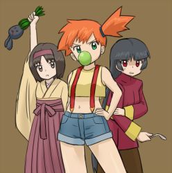 Rule 34 | 3girls, arm up, black hair, blood, blunt bangs, brown background, brown eyes, commentary request, creatures (company), erika (pokemon), game freak, gen 1 pokemon, green eyes, gym leader, hairband, hand on own hip, holding, japanese clothes, long hair, looking at viewer, midriff, misty (pokemon), multiple girls, nakaba, navel, nintendo, oddish, open mouth, orange hair, pantyhose, parted lips, pokemon, pokemon (anime), pokemon (classic anime), pokemon (creature), pokemon frlg, pokemon rgby, red eyes, sabrina (pokemon), shorts, side ponytail, spoon, standing, suspenders, sweatdrop, tank top