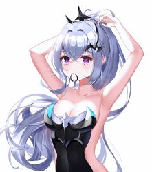 Rule 34 | 1girl, absurdres, armpits, breasts, chanpower233, crown, epic seven, grey hair, hair ornament, highres, leotard, looking at viewer, pale skin, ponytail, purple eyes, revealing clothes, senya (epic seven), simple background, white background, wing hair ornament