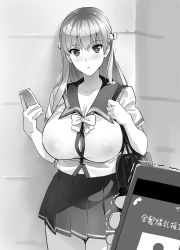 Rule 34 | 1girl, absurdres, bag, blush, bow, bowtie, breasts, bursting breasts, cellphone, cleavage, covered erect nipples, cowboy shot, greyscale, hair bow, hand up, highres, holding, holding phone, huge breasts, long hair, looking at viewer, mariana princilla, miniskirt, monochrome, navel, parted lips, phone, pleated skirt, pov, pov hands, reco love, reco love gold beach, school bag, school uniform, serafuku, shirt, short sleeves, shoulder bag, skirt, smartphone, takeda hiromitsu, trembling