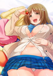 Rule 34 | 10s, 1girl, ardnades, belly, breasts, brown eyes, brown hair, cardigan, cleavage, covered erect nipples, cum, cum on body, cum on breasts, cum on food, cum on upper body, facial, female focus, food, fruit, hair ornament, hairclip, highres, idolmaster, idolmaster cinderella girls, inverted nipples, large breasts, lying, midriff, mimura kanako, navel, nipples, open mouth, panties, pantyshot, pillow, plump, see-through, short hair, smile, solo, strawberry, underwear