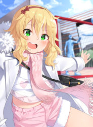Rule 34 | 1girl, :d, absurdres, bad id, bad pixiv id, blonde hair, blue sky, blurry, blurry background, blush, bow, brown bow, brown hairband, building, cloud, cloudy sky, coat, day, depth of field, fringe trim, fur-trimmed coat, fur-trimmed shorts, fur trim, green eyes, hair between eyes, hair bow, hairband, heart, heart print, highres, idolmaster, idolmaster cinderella girls, long hair, long sleeves, looking at viewer, noria, open clothes, open coat, open mouth, outdoors, outstretched arm, panties, pink scarf, pink shorts, print shirt, sakurai momoka, scarf, shirt, short shorts, shorts, sky, skyscraper, smile, solo, teeth, underwear, upper teeth only, white coat, white panties, white shirt