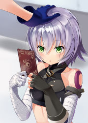 Rule 34 | 1girl, arm belt, bandaged arm, bandages, bare shoulders, blue gloves, breasts, card, commentary request, eyebrows, facial scar, fate/apocrypha, fate/grand order, fate (series), fingerless gloves, gloves, green eyes, hand on another&#039;s head, headpat, highres, holding, holding card, jack the ripper (fate/apocrypha), karakushi, open mouth, scar, scar across eye, scar on cheek, scar on face, short hair, shoulder tattoo, silver hair, small breasts, solo focus, tattoo