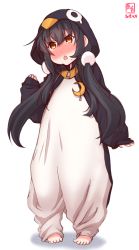 Rule 34 | 1girl, animal costume, artist logo, barefoot, bird, black hair, blush, brown eyes, chestnut mouth, commentary request, crescent, crescent pin, dated, embarrassed, full body, highres, kanon (kurogane knights), kantai collection, long hair, low twintails, mikazuki (kancolle), penguin, penguin costume, simple background, solo, standing, twintails, white background