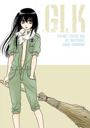 Rule 34 | 1boy, akiyoshi7, alternate costume, beige background, black hair, broom, closed mouth, cover, cover page, cowboy shot, green jumpsuit, hand in pocket, holding, holding broom, jumpsuit, legs, lips, long hair, looking to the side, male focus, moyashimon, navel, oriental broom, pants, pants rolled up, red eyes, school emblem, simple background, solo, towel, towel around neck, trap, unzipped, white background, yuuki kei