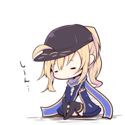 Rule 34 | 1girl, ahoge, artoria pendragon (all), artoria pendragon (fate), beni shake, black hat, black thighhighs, blonde hair, blue scarf, blush, chibi, closed eyes, fate (series), hat, looking away, looking down, lowres, mysterious heroine x (fate), ponytail, rojiura satsuki : chapter heroine sanctuary, saber (fate), scarf, short hair, signature, solo, text focus, thighhighs, translation request